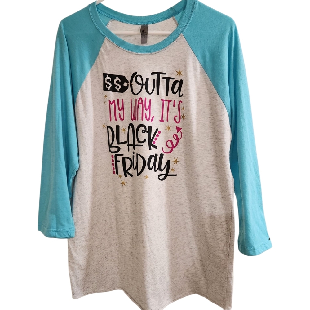 Next Level Apparel Womens Sz L Black Friday Humorous T Shirt Raglan Sleeve Teal